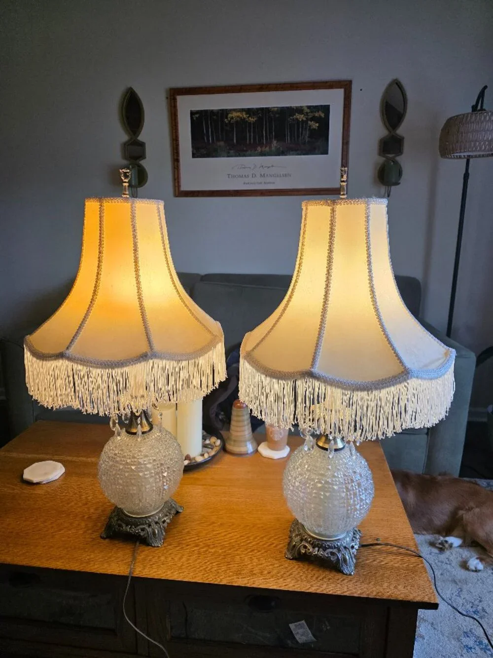 Set Two Vintage Pressed Glass Hobnail Diamond Point Boudoir/Parlor Table Lamps
